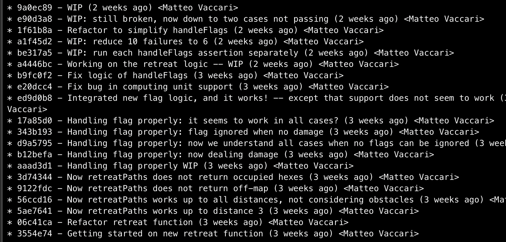 The git log shows a lot of "WIP" commits and false starts