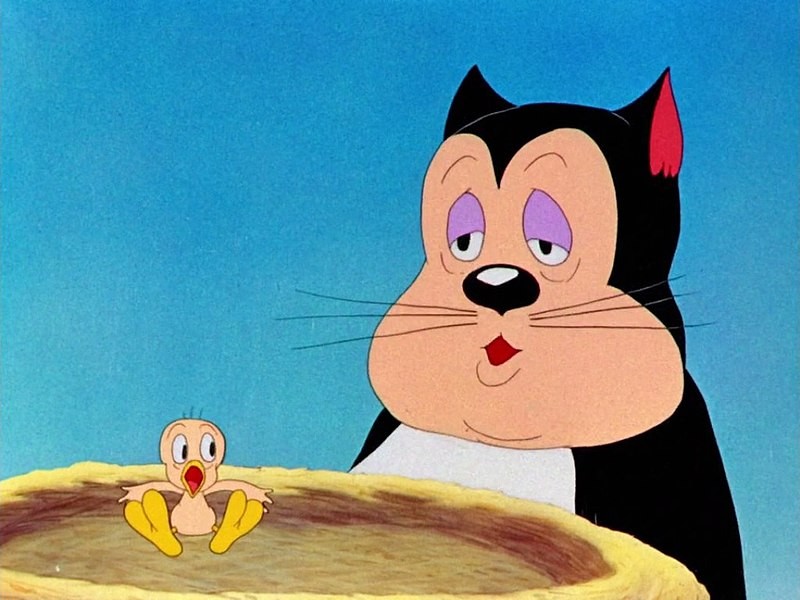 A frame from the earliest cartoon featuring Tweety and an hungry cat