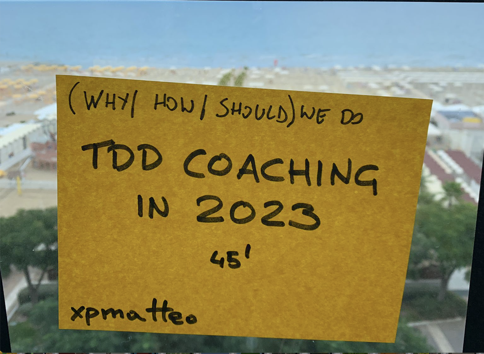 A giant post-it note with "(why|how|should) we do TDD coaching in 2023"