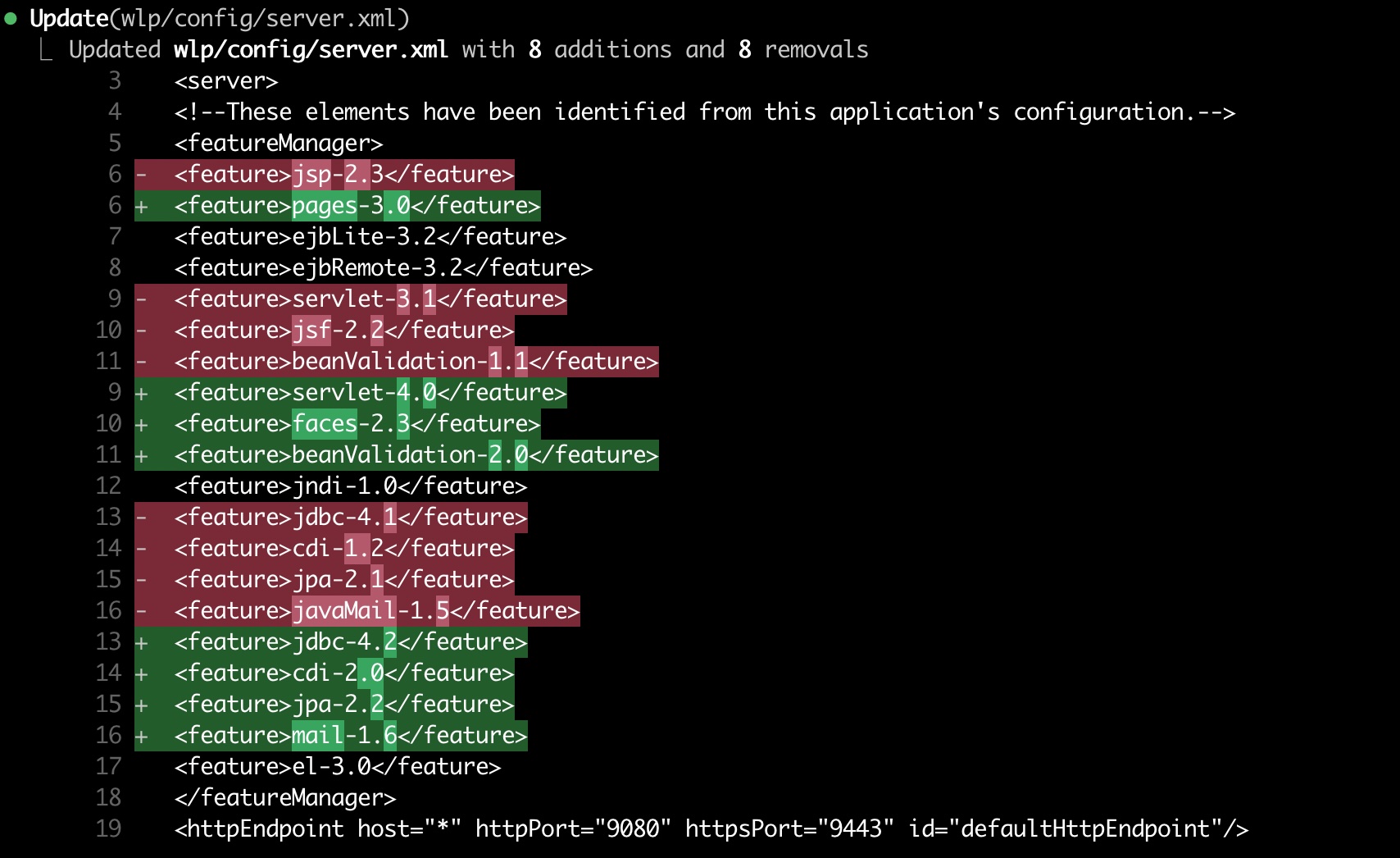 A screenshot of the diffs that CC applied to the application server configuration