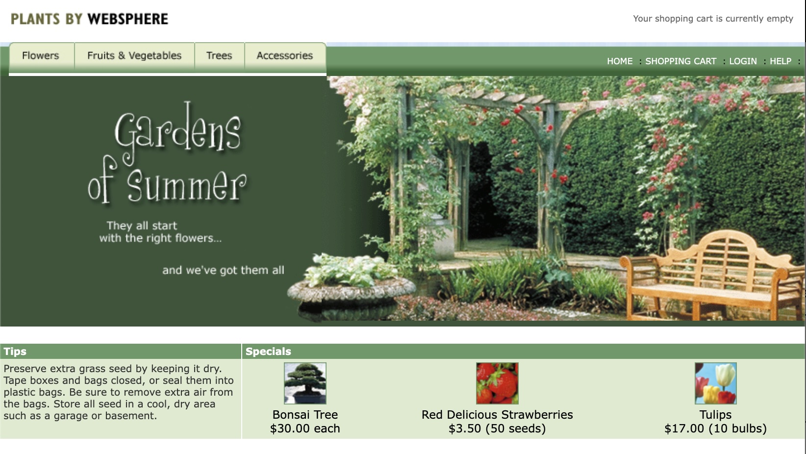 the home page of the Plants by WebSphere application