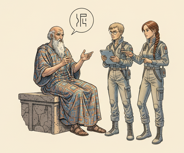 A cartoon of two young engineers in discussion with an ancient philosopher