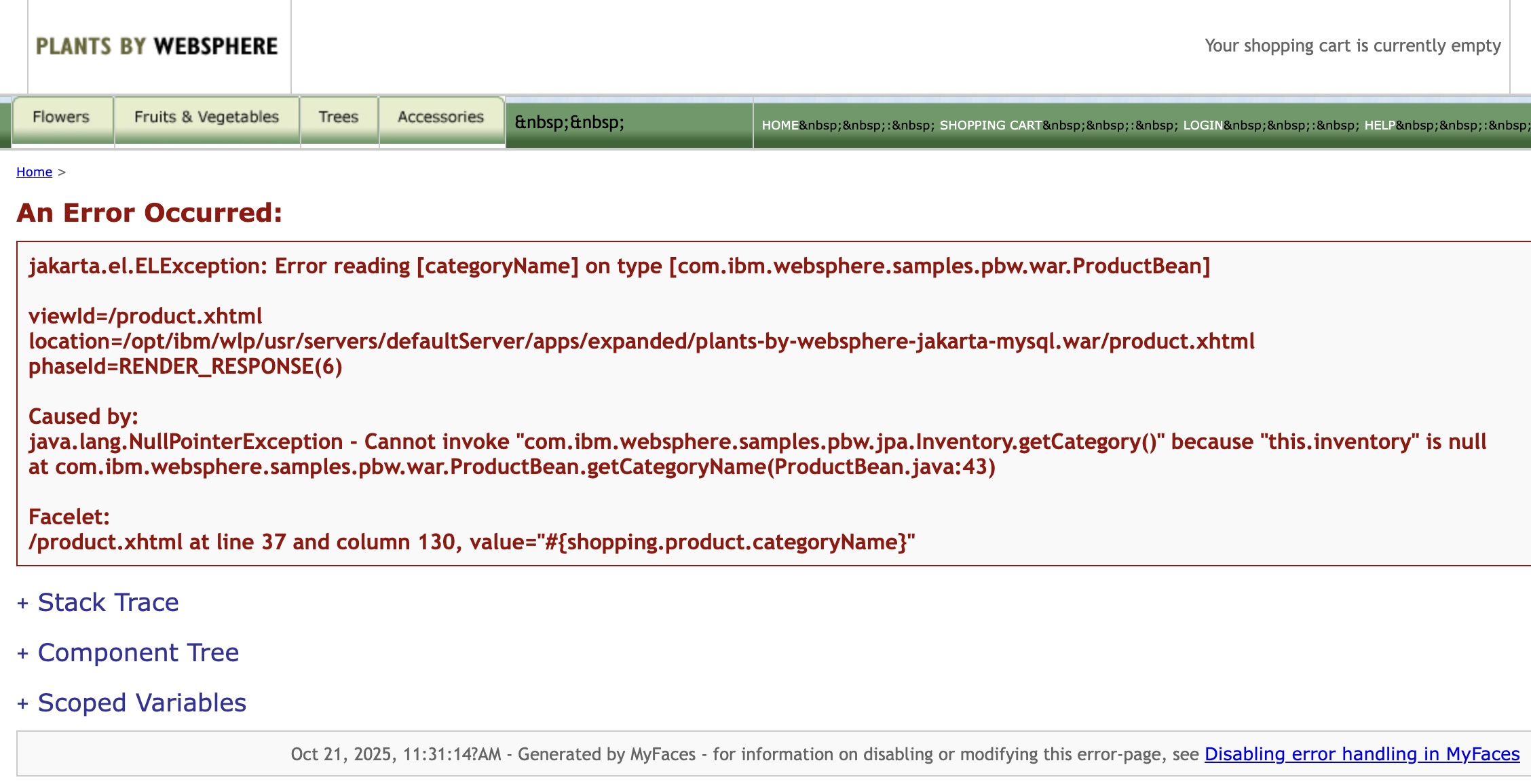 Screenshot of the error on the Bonsai product page