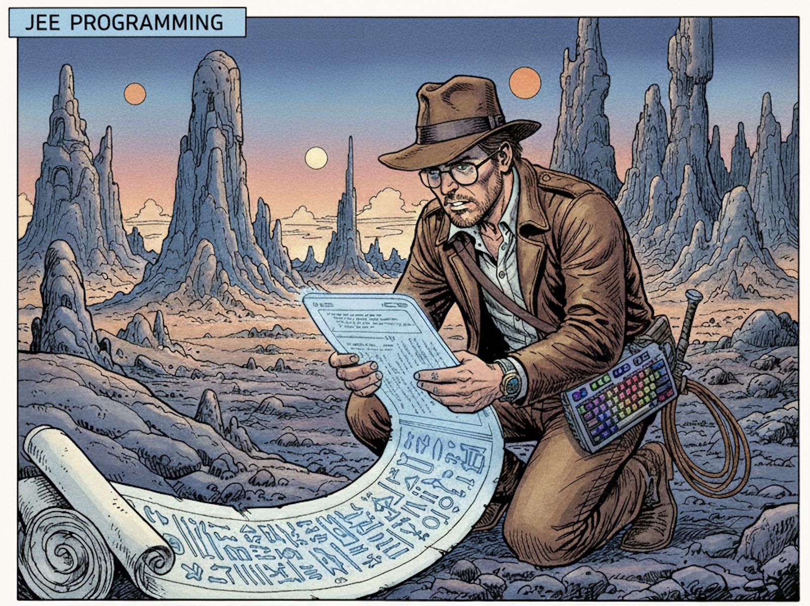 Cartoon of a programmer dressed like Indiana Jones, intent on deciphering ancient scrolls
