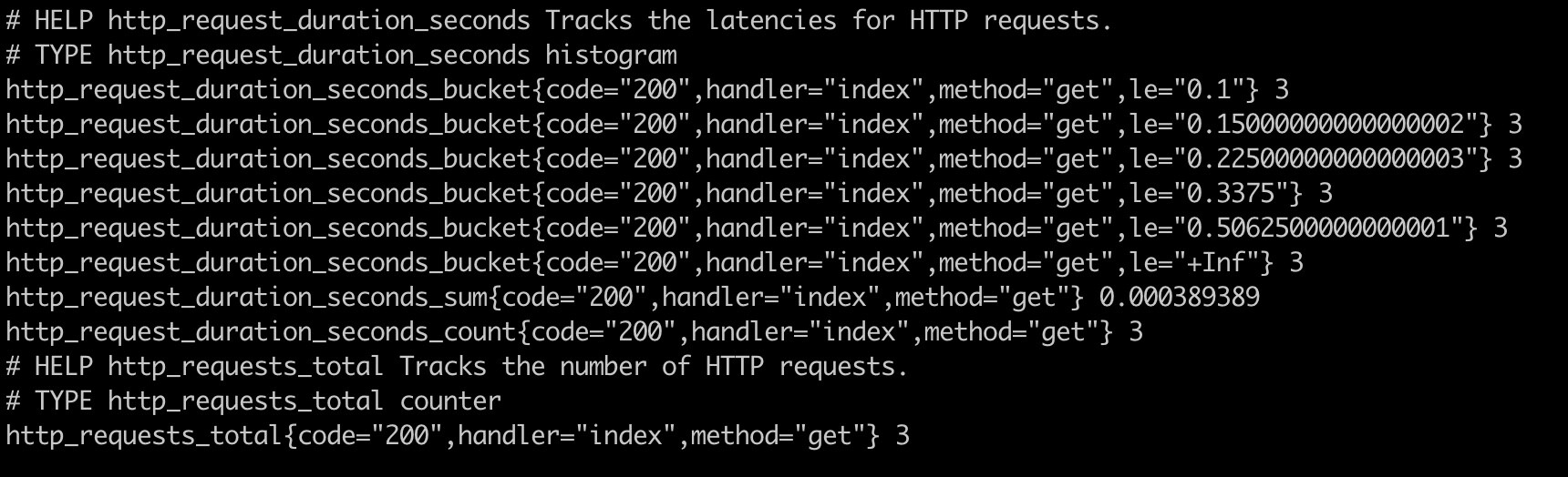 An extract of Prometheus metrics exposes by a web app